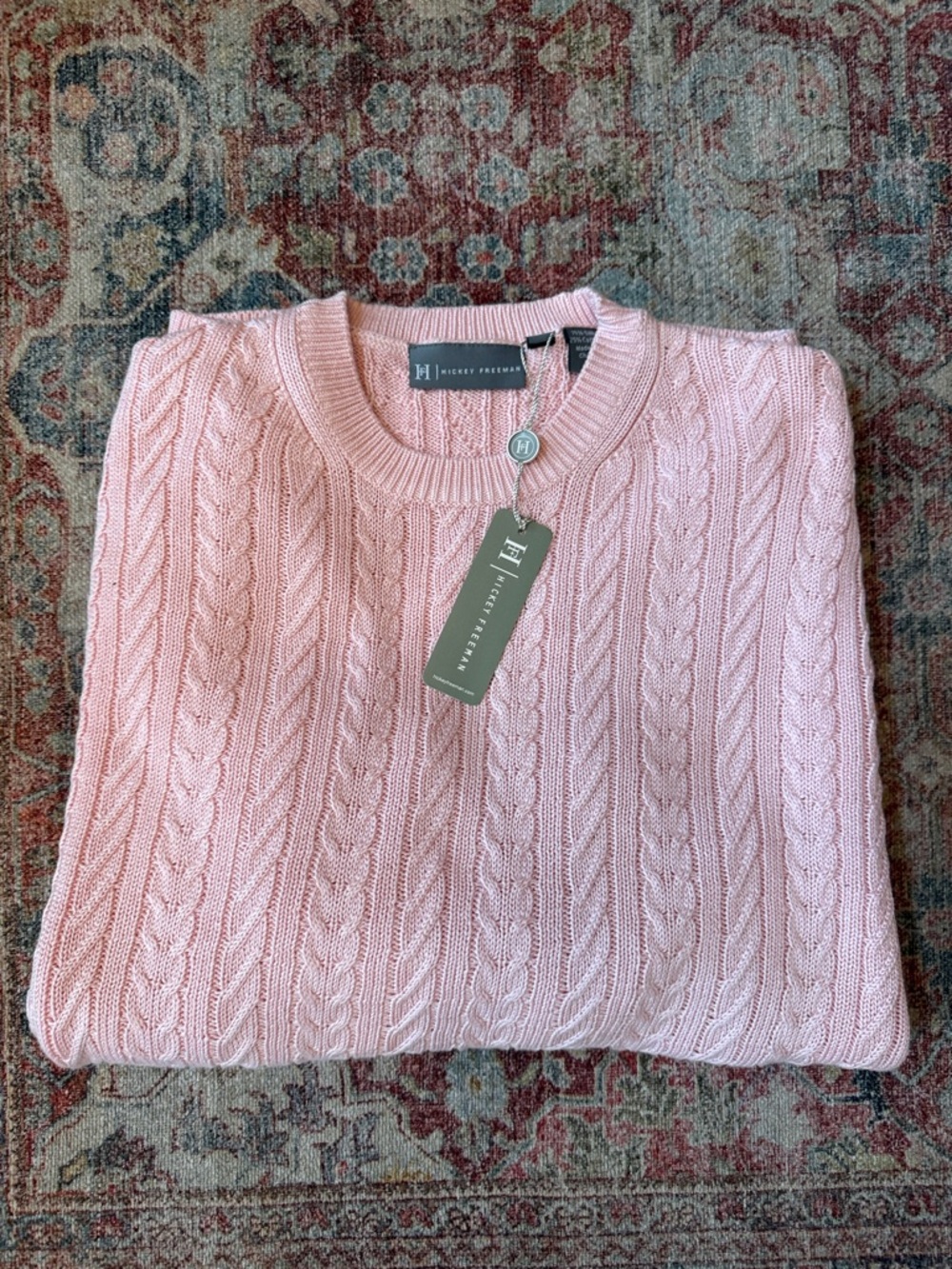 Hickey Freeman Pink Cable Knit Crewneck Sweater